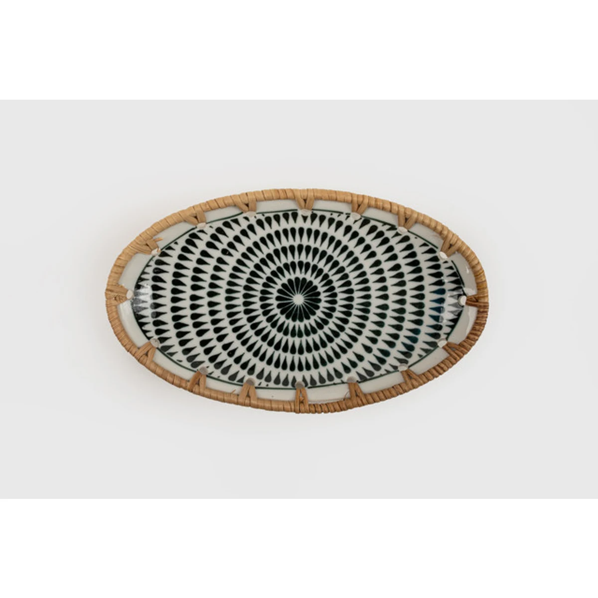 Manamo Brenna Plate Ceramic / Rattan Blue/White 20x12x2.5 cm