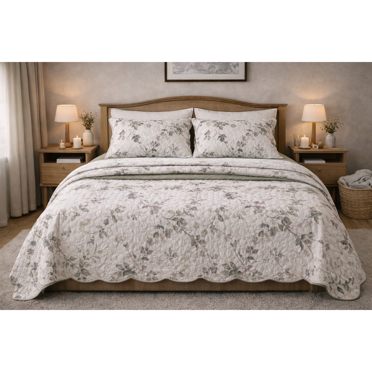 Manamo Carrie Bed Cover  Ecru/Green Double 240x250+50x70 cm (2pc)