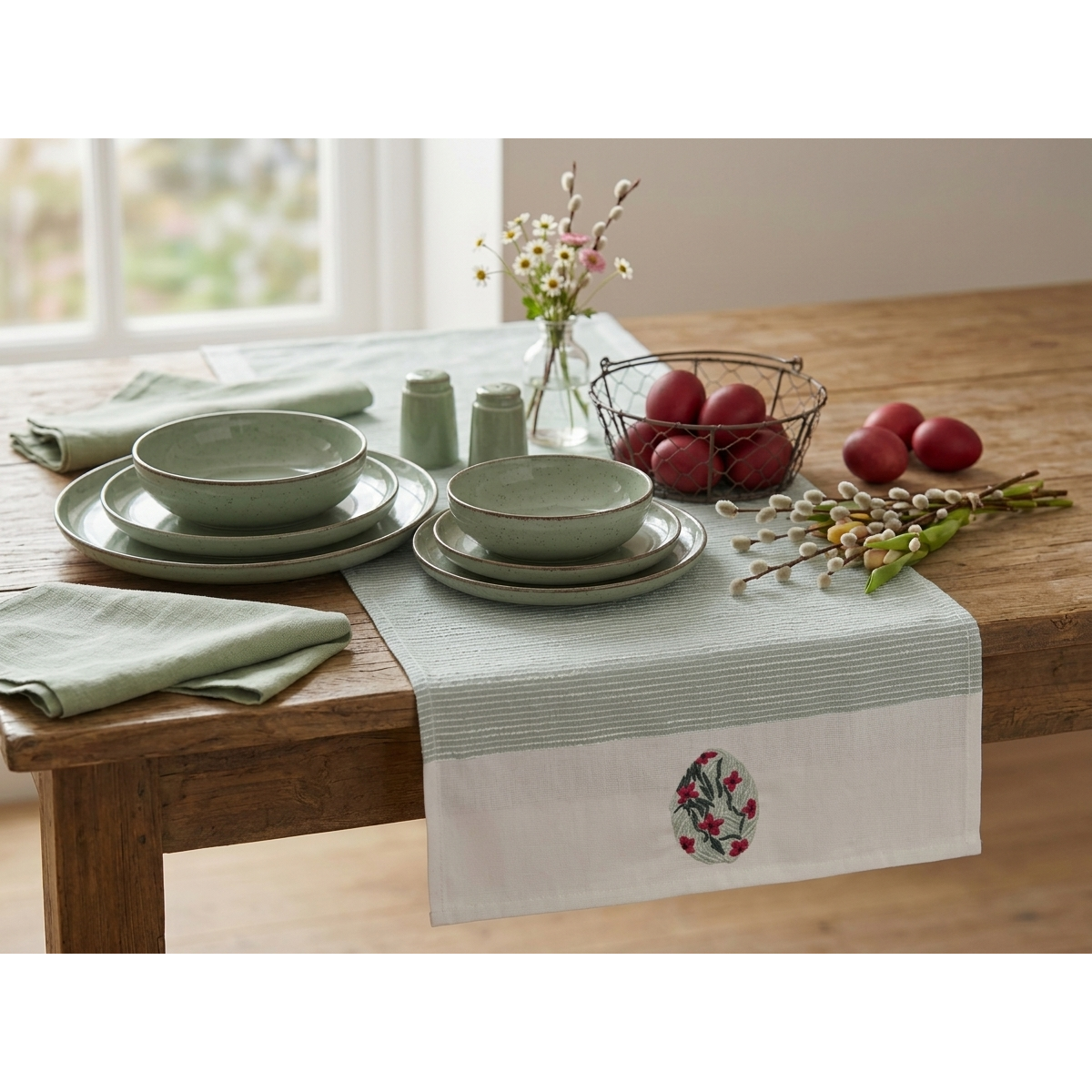 Manamo Floral Egg Runner Cotton Green Easter 40x140 cm