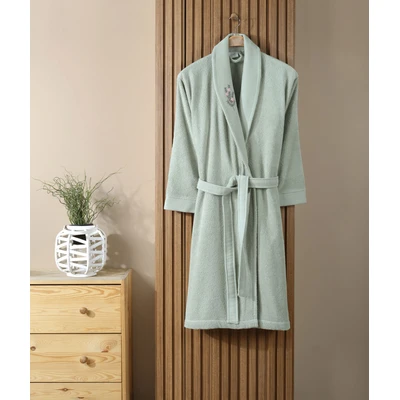 Manamo Tiny Rose Embroidered Bathrobe Cotton Cameo Green L/XL